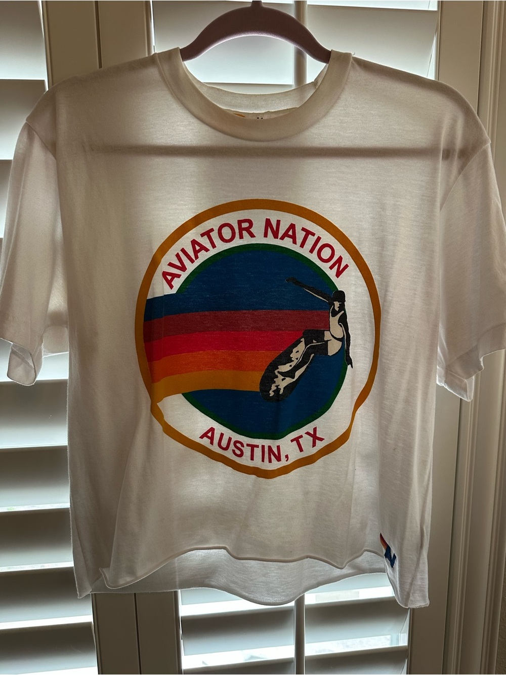 Aviator Nation White Tee with Rainbow Surf Logo